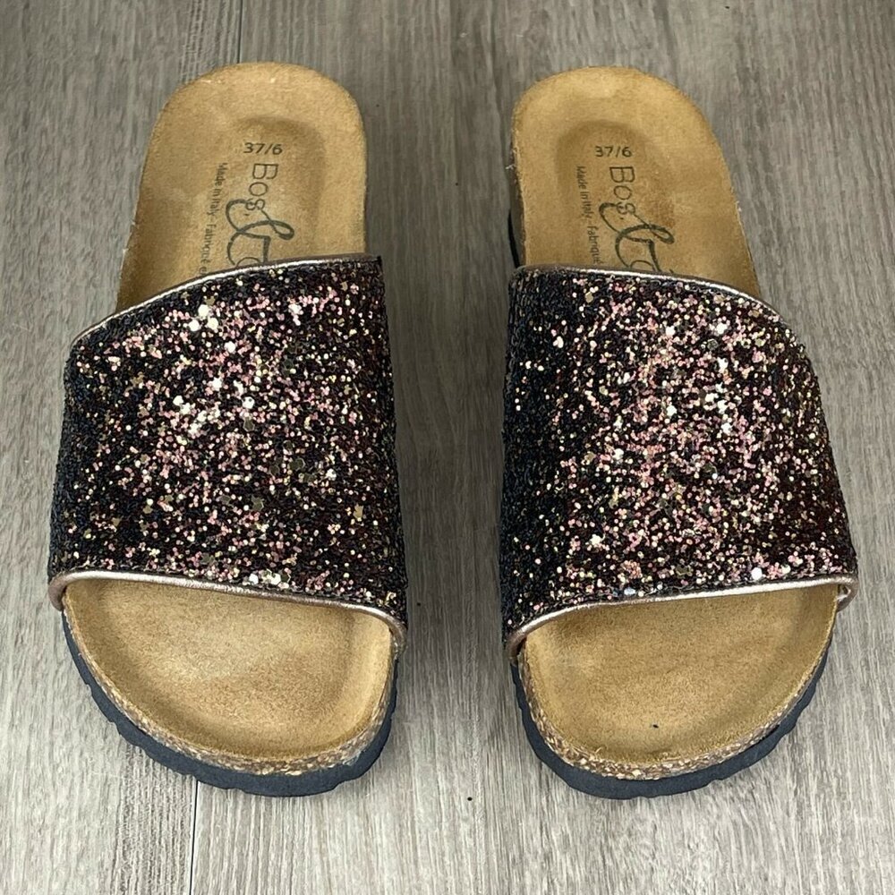 Bos. & Co. Sandals Womens Size 37 Glux Glitter Open Toe Wedge Synthetic Brown